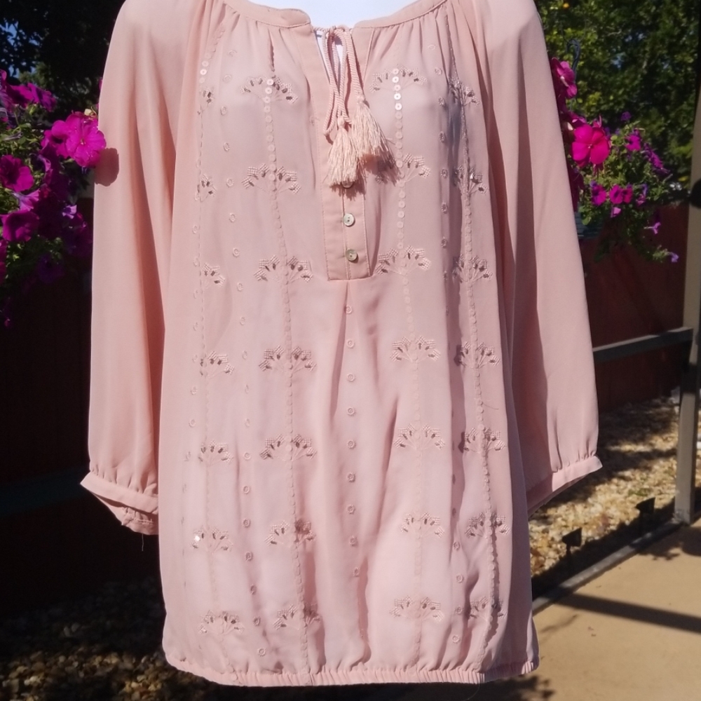 Lane Bryant Blush Pink Embroidered Tassel Peasant Blouse
